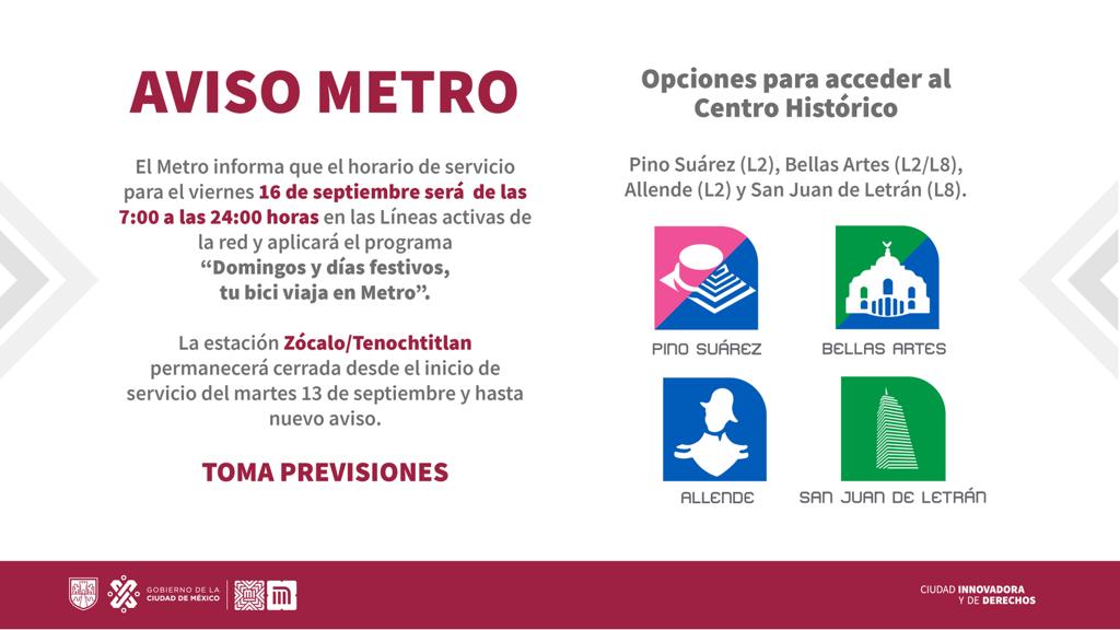 Metro funcionará de 7:00 a las 24:00 horas el 16 de septiembre